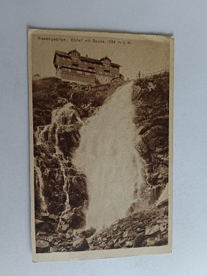 POSTCARD KARKONOSZE RIESENGEBIRGE HUT WATERFALL, STAMP, STAMP 1925