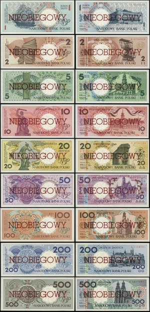 set of patterns: 1, 2, 5, 10, 20, 50, 100, 200, 500 zloty 1.03.1990, a set of MODELS of banknotes from the series: 