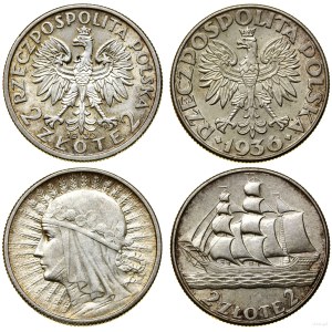 Polska, zestaw 2 x 2 złote, 1932 (głowa kobiety), 1936 (żaglowiec), Warszawa