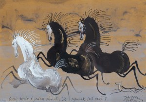 Jozef Wilkoń (b. 1930), Three horses and one greyhound..., 2021