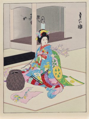 Hasegawa Sadanobu III (1881-1963), Maiko arranging flowers, published by Uchida, Japan, 1940s.