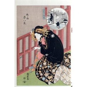 Utagawa Hiroshige (1797 - 1858), Nocny deszcz, poprawiająca się pogoda, z serii: Osiem widoków, porównanie kobiet i krajobrazów, wyd. Yuyudo, Japonia, po 1960 r., Tokio/Japonia, po 1960 r.