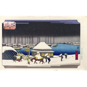 Utagawa Hiroshige (1797 - 1858), Wieczorny śnieg w Takanawa, z serii: Osiem śnieżnych widoków ze wschodniej stolicy, wyd. Oedo Mokuhansha, Japonia, po 1960 r.