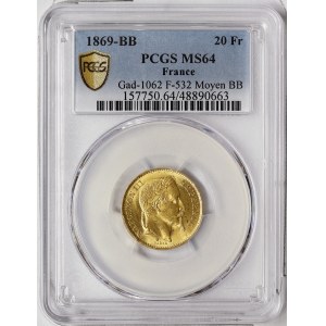 Frankreich, Napoleon III, 20 Francs 1869, BB Strasbourg