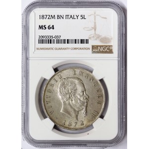 Kingdom of Italy, Vittorio Emanuele II, 5 Lire 1872, Milan