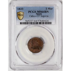 Spain, Ferdinand VII, 2 Maravedís 1833, Segovia