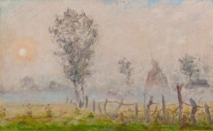 Stefan Pieniążek (1888 - 1958), Morning mist over the Wieprz River at sunrise, Krasnystaw, 1957.