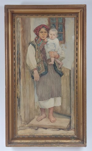 Hutsul woman with child, watercolor, early 20th century.