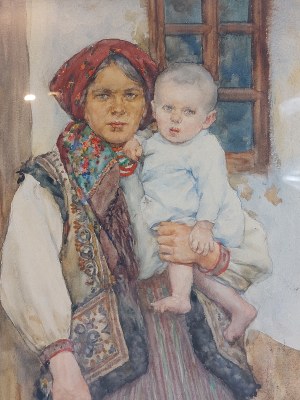 Hutsul woman with child, watercolor, early 20th century.