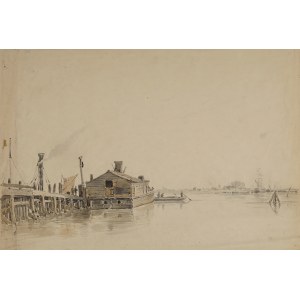 M. (?) VAN DER MOOLEN (XIX w.), Port z barką i statkami, lata 40-50 XIX w.