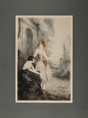 Paul Emile Felix RAISSIGUIER (1851-1932), A blonde comforts a brunette by pointing to a pair of lovebirds, 1920s.