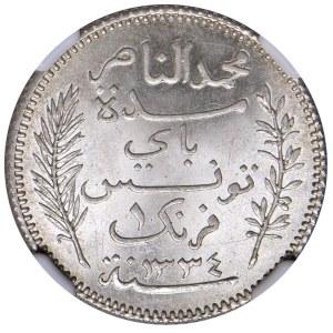 World Coins - Tunisia Muhammad al-Nasir Bey (1906-1922). 1 Franc...
