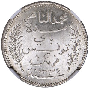World Coins - Tunisia Muhammad al-Nasir Bey (1906-1922). 1 Franc...