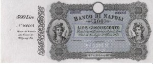 Italian Banknotes - Banco di Napoli. 500 lira Decree 29.01.1877 No. 36...