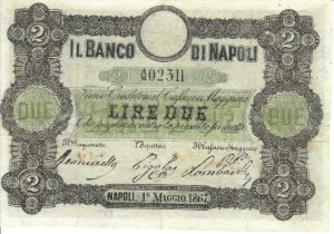 Italian Banknotes - Banco di Napoli. 2 lire Decree 01/05/1867 interes...