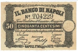 Italian Banknotes - Banco di Napoli 50 centesimi Decree 01/05/1872 co...