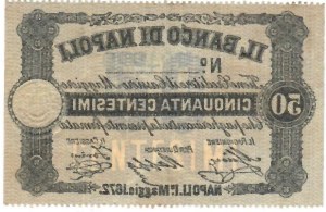 Italian Banknotes - Banco di Napoli 50 centesimi Decree 01/05/1872 co...