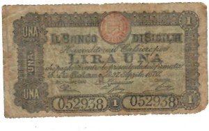 Italian Banknotes - The Banco di Sicilia 1 lira 27/04/1870 Rare Gav.-Bo...