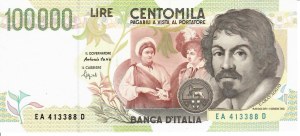 Italian Banknotes - Italian Republic. 100000 Lire Caravaggio 2 type...