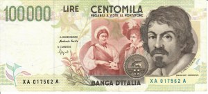Italian Banknotes - Italian Republic. 100000 Lire Caravaggio 2 type...