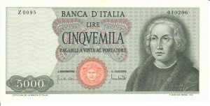 Italian Banknotes - Italian Republic. 5000 Lire Colombo 1 type. Dec.