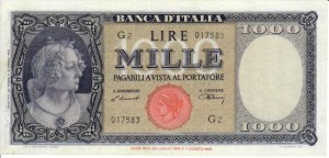 Italian Banknotes - Italian Republic. 1000 Lire Italy. Head. De.