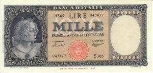 Italian Banknotes - Italian Republic. 1000 Lire Italy. Decree of.