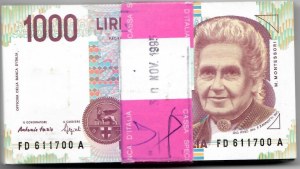 Italian Banknotes - Italian Republic. 1000 Lira Montessori. Mazzett...