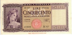 Italian Banknotes - Italian Republic. 500 Lire Italy. Decree of ...