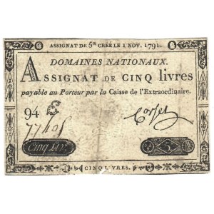 Foreign Banknotes - Francia - 5 Livres 1 Nov 1791. Pick A50....