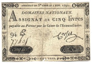 Foreign Banknotes - France - 5 Livres 1 Nov 1791. Pick A50....