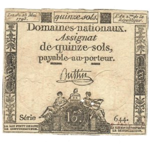 Foreign Banknotes - Francia - 15 Sols 23 Mai 1793. Pick A69....