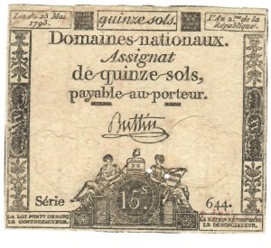 Foreign Banknotes - France - 15 Sols 23 Mai 1793. Pick A69....