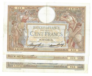 Foreign Banknotes - France - Banque de France 100 Francs. Lot 3 pcs....
