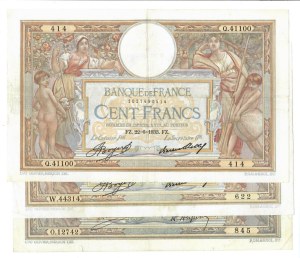 Foreign Banknotes - France - Banque de France 100 Francs. Lot 3 pcs....