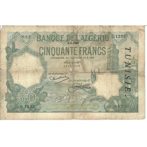 Foreign Banknotes - Tunisia - Banque de l'Algérie, 50 Francs type 1912...