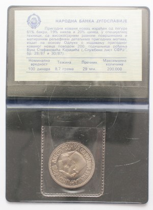 Yugoslavia 100 dinara 1987, CuNi, Birth of Vuk Karadzic, in original case of issue