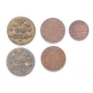 Germany East Africa lot of 5 pcs, 1 heller 1908 J, 1 pesa 1890, 1892, 20 heller 1916 T