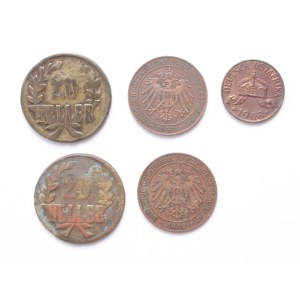 Germany East Africa lot of 5 pcs, 1 heller 1908 J, 1 pesa 1890, 1892, 20 heller 1916 T