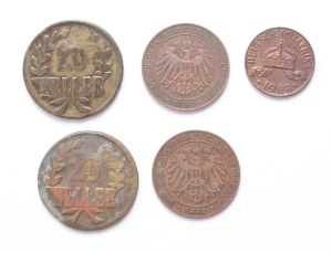 Germany East Africa lot of 5 pcs, 1 heller 1908 J, 1 pesa 1890, 1892, 20 heller 1916 T
