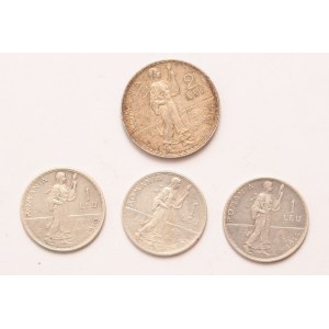 Romania lot of 4 pcs, Carol I. 1 leu, 2 lei 1910, 1914