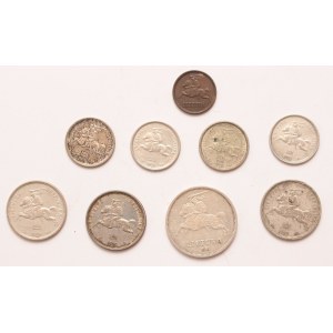 Lithuania lot of 9 pcs,1 centas 1936, 1 litas 1925, 2 litu 1925, 5 litai 1936 (Basanavicius)