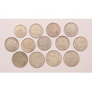 Russia lot of 13 pcs, Nicholas II. 10-15-20 kopeks 1907, 1912, 1914, 1915, 1916