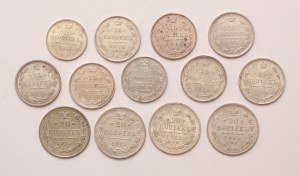 Russia lot of 13 pcs, Nicholas II. 10-15-20 kopeks 1907, 1912, 1914, 1915, 1916