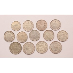 Russia lot of 13 pcs, Nicholas II. 10-15-20 kopeks 1907, 1912, 1914, 1915, 1916