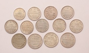 Russia lot of 13 pcs, Nicholas II. 10-15-20 kopeks 1907, 1912, 1914, 1915, 1916