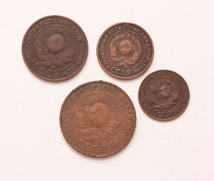Russia lot of 4 pcs, USSR 1-2 kopeks (reeded), 3 kopeks (plain), 5 kopeks (plain) 1924