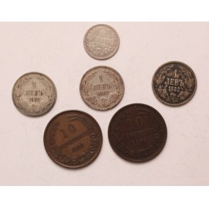 Bulgaria lot of 6 pcs, Ferdinand I. 10-50 stotinki, 1 lev 1881, 1882, 1883