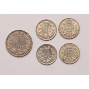 Serbia lot of 5 pcs, Petar I. 50 para, 1 dinar 1912, 1915