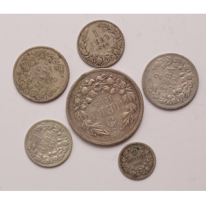 Bulgaria lot of 6 pcs, Ferdinand I. 50 stotinki, 1 lev, 2-5 leva 1891, 1892, 1894